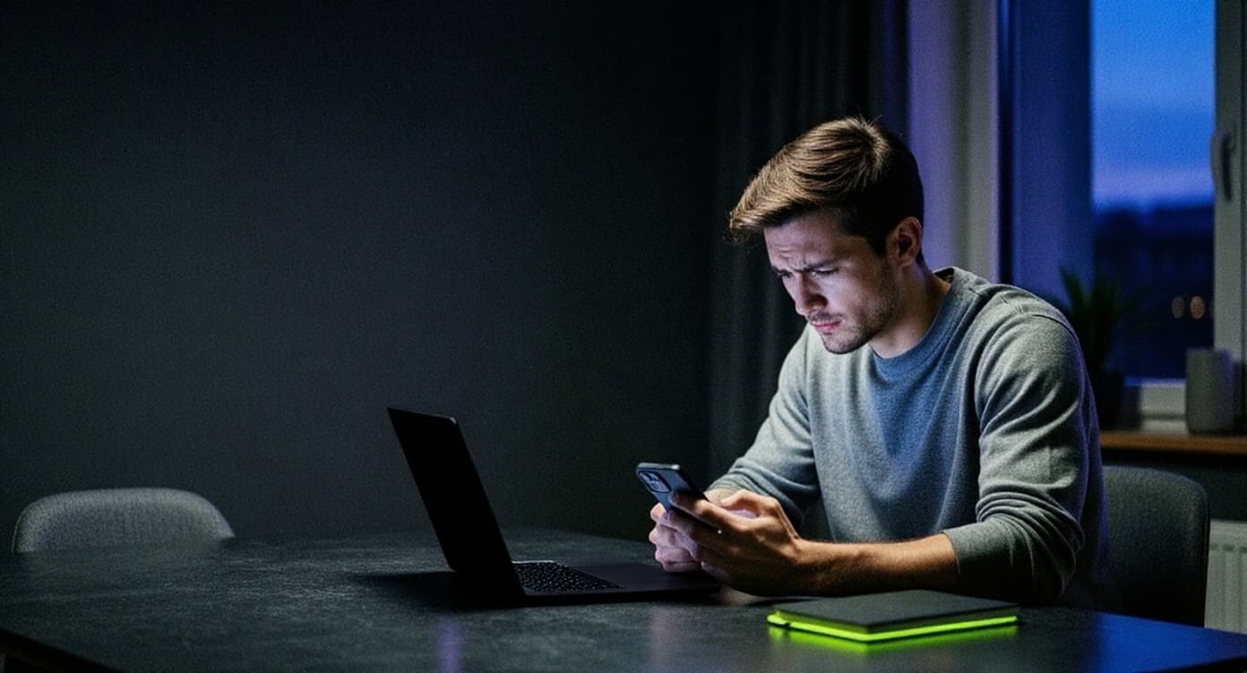 Person looking over a bill at a kitchen table